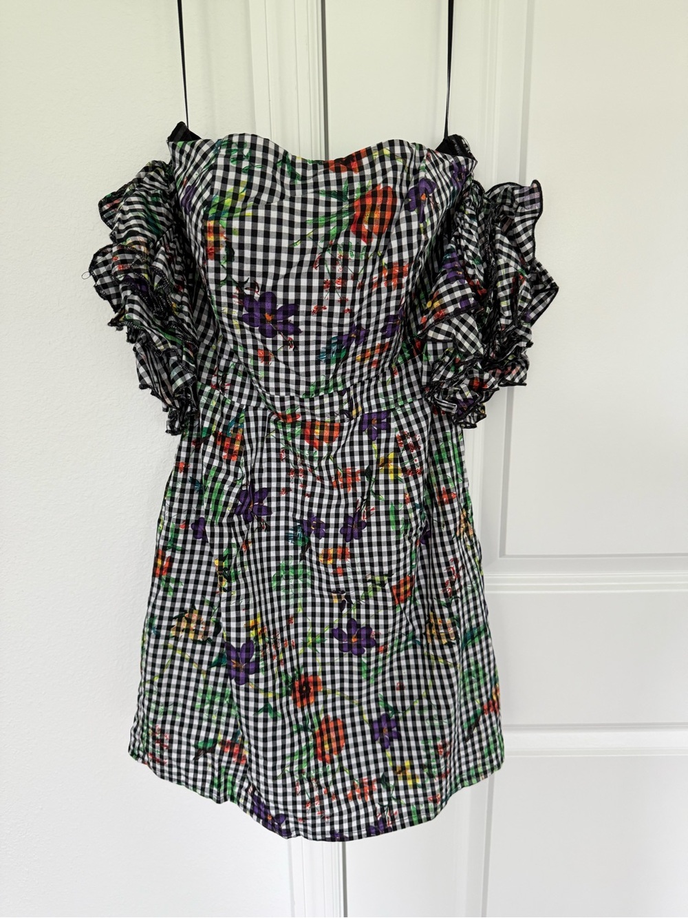 Romeo & Juliet Couture Black & White Gingham Floral Mini Dress